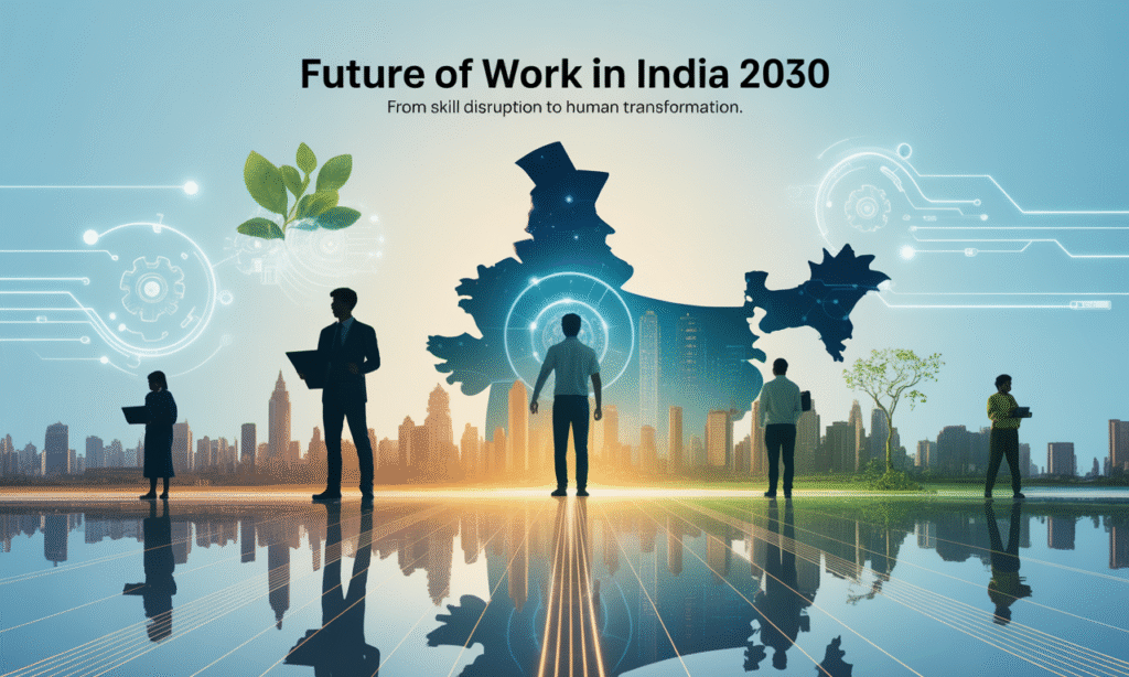 Visualizing the Future of Work in India 2030 — AI, automation, and mentoring redefining the next decade of human transformation.
