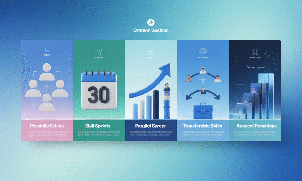 Visual summary of 5 mid-career transition strategies showing possible selves, 30-day skill sprints, parallel career growth, transferable skills, and adjacent transitions for professionals in 2025