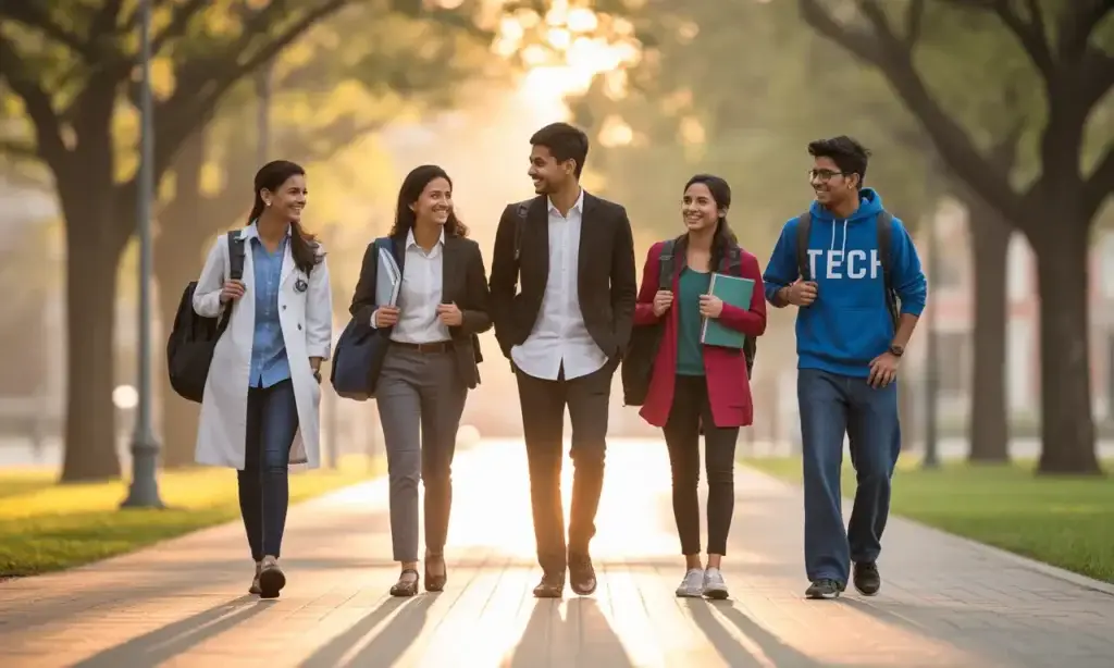 Confused after 12th what to do: Happy diverse group of Indian students celebrating after finding their career paths following the 7-step decision framework