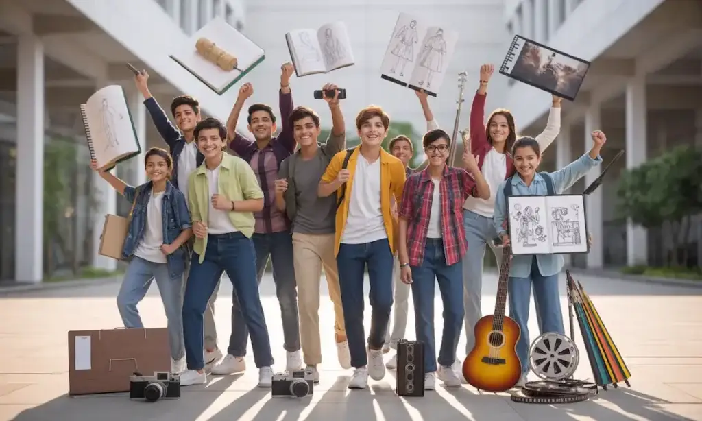 Happy Indian students after choosing creative careers after 12th in India 2025 Happy Indian students celebrating their success after choosing creative careers after 12th in India 2025