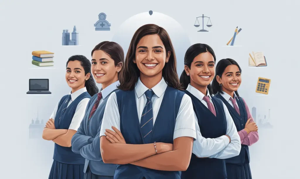 Career options for girls after 12th Flat vector illustration of Indian schoolgirls smiling after choosing the right career path after 12th, with icons of different career fields in the background.