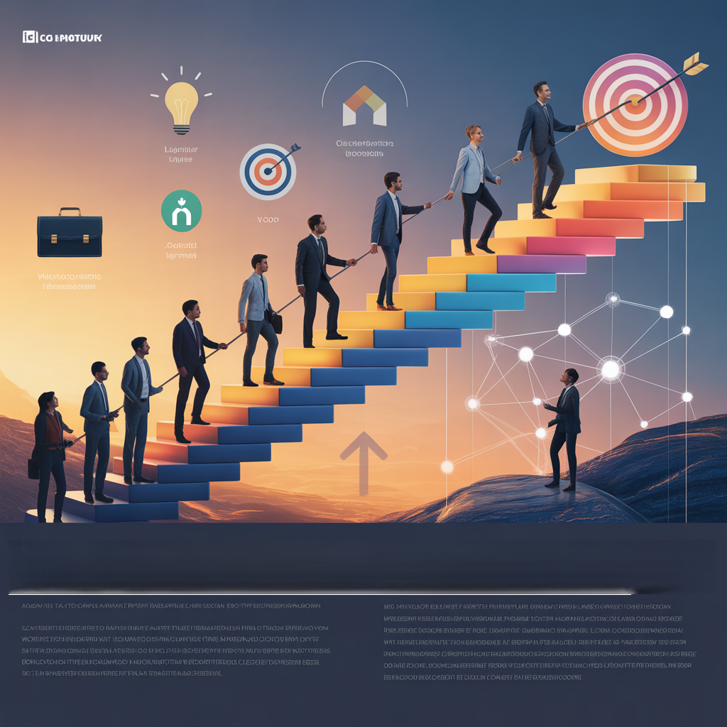 Mid-career professionals climbing a colorful staircase toward growth and purpose, symbolizing progress, self-discovery, and success after a mid-career crisis at 40.