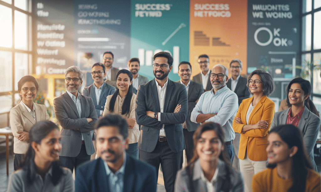 Group of confident mid-career professionals and mentors standing together, representing India’s future-ready leadership community and the spirit of collaborative mentoring at Global Career Labs.