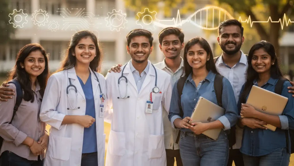 Happy Indian students after choosing creative careers after 12th in India 2025 A group of happy Indian students after choosing medical and engineering careers.