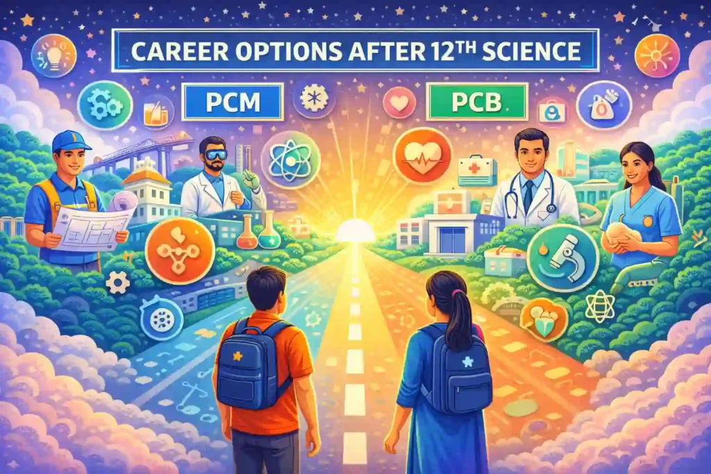 Illustration showing Indian students exploring futuristic careers in PCM and PCB.