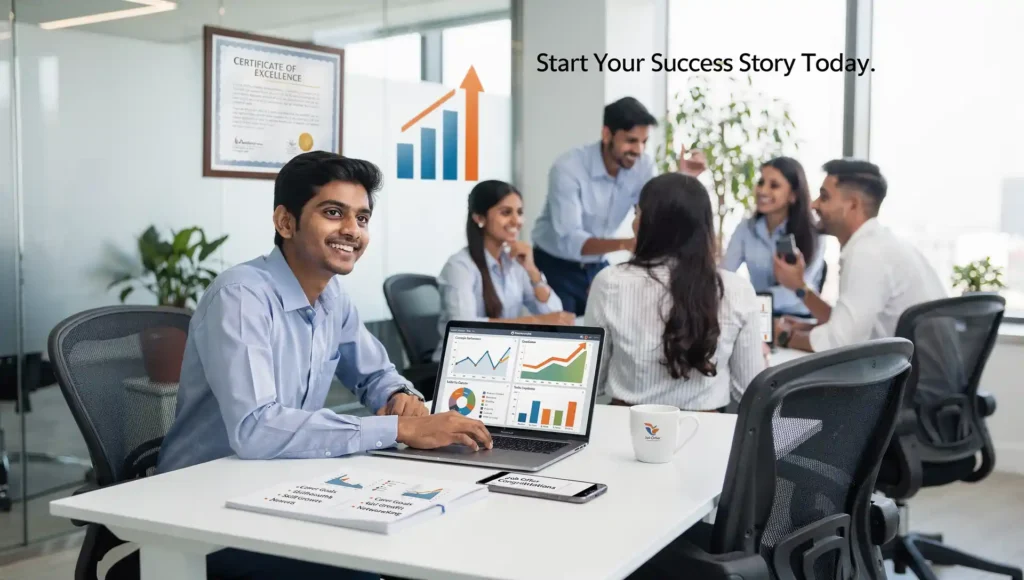 Start your diploma course journey today Diploma Courses After 12th: Young professional working in an office after completing diploma course after 12th, with immediate job placement