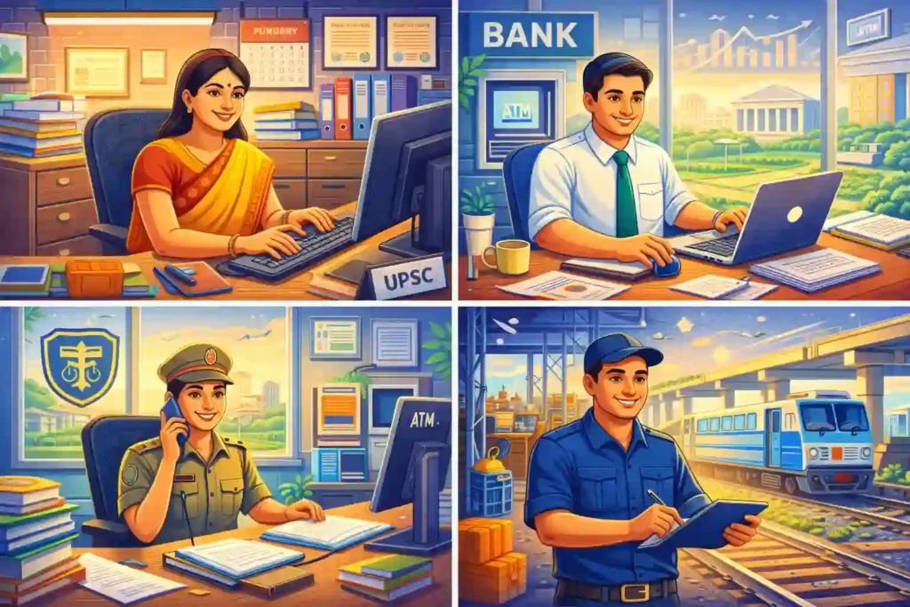 Illustration showing Indian government professionals working at desks and in field roles across different public sector careers