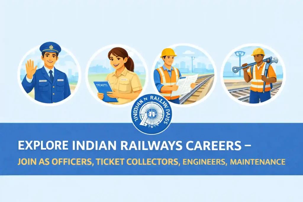 Footer banner showing Indian Railways career options including officers, ticket collectors, engineers and maintenance staff
