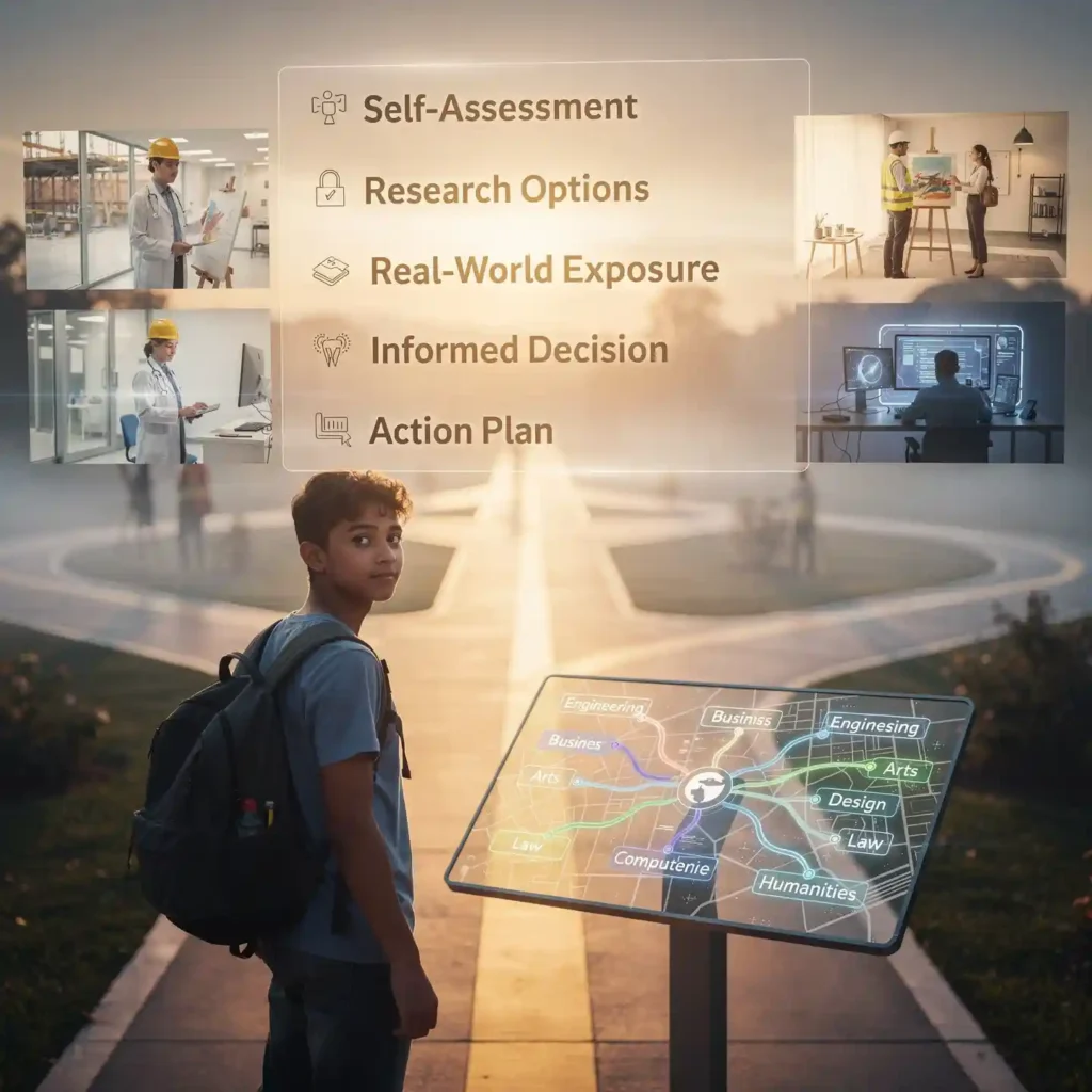 5-Step Career Choice Framework After 12th - Self-Assessment, Research, Real-World Exposure, Informed Decision, Action Plan Student exploring career options after 12th through 5-step framework: self-assessment, research, exposure, decision, action plan