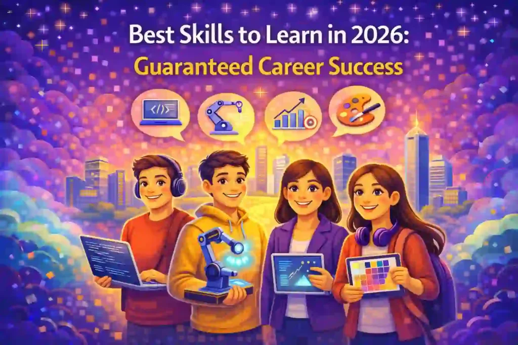 Best Skills to Learn in 2026: Illustration showing students developing in-demand skills for future career success.