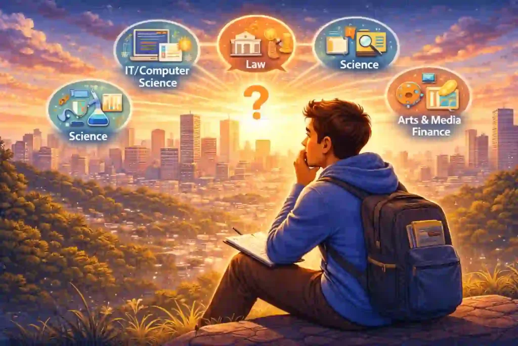 Career Counselling Near Me: Illustration showing a student thoughtfully reflecting on career choices while overlooking a city at sunset.