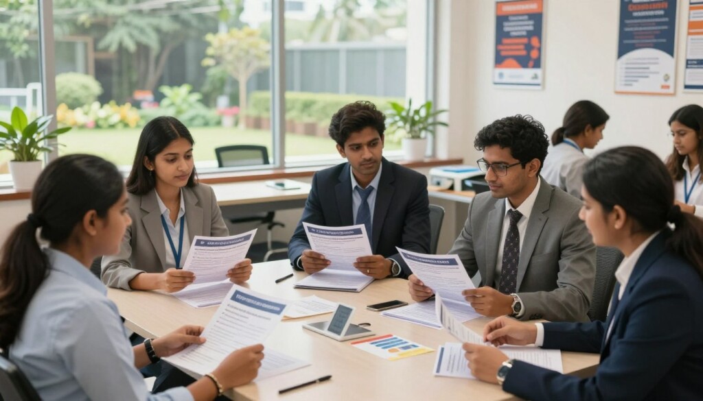 A bright and inviting career counseling center designed for Indian students. In the foreground, a diverse group of students from various backgrounds dressed in professional business attire discusses career opportunities, eagerly reviewing brochures about diploma courses. In the middle, a modern desk filled with informational materials on different diploma options and salary expectations is surrounded by motivational posters. The background features a large window that lets in natural light, showcasing a landscaped garden outside, creating an atmosphere of growth and hope. The overall mood is optimistic and inspiring, portraying a sense of guidance and possibility. The scene is captured with a slight depth of field, emphasizing the students while subtly blurring the background elements to keep the focus on their enthusiasm.
