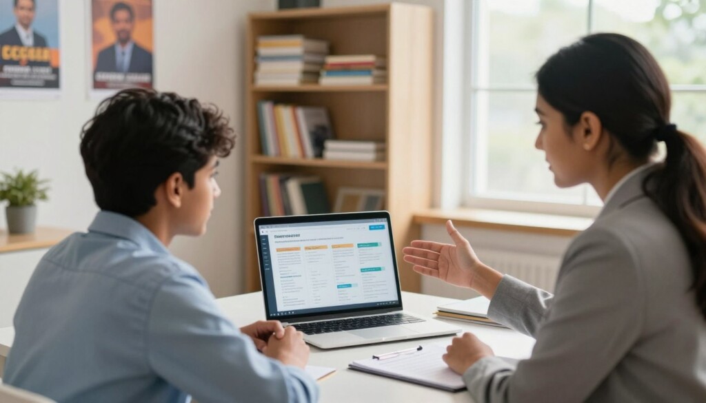 A bright and professional career counselling session depicting an Indian student seated at a desk, actively engaging with a career counsellor. The counsellor, dressed in professional business attire, is gesturing towards a laptop displaying various diploma course options. The background features shelves filled with educational materials and inspirational posters related to career choices. Soft, natural lighting filters through a large window, creating an inviting atmosphere. The angle is slightly overhead, capturing both the student’s eagerness and the counsellor’s guidance. The mood is uplifting and informative, emphasizing the importance of making informed decisions about the future. The overall scene embodies professionalism, education, and support in career planning.