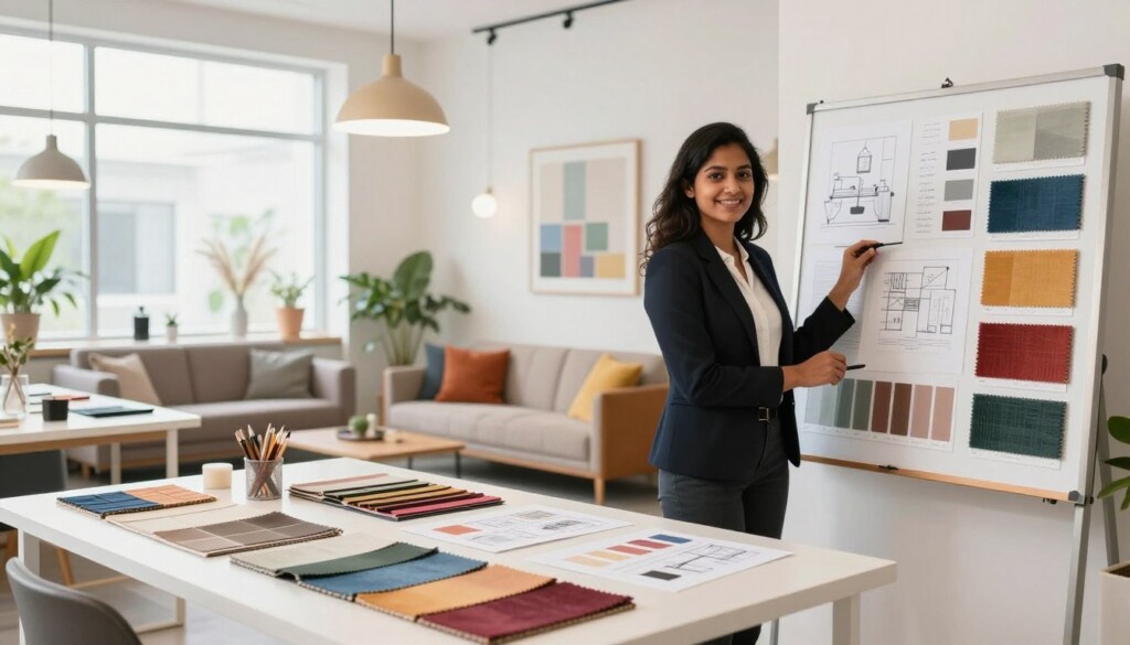 A bright, modern interior design studio filled with samples of fabric swatches, color palettes, and design sketches displayed on clean white tables. In the foreground, a young Indian woman dressed in professional business attire stands confidently next to a large mood board, showcasing her creativity and design skills. The middle contains various design elements, such as a stylish sofa, chic lighting fixtures, and decorative plants, highlighting the essence of interior design. In the background, large windows let in natural light, creating an inviting atmosphere. The overall mood is professional and inspiring, aimed at fostering creativity and the pursuit of knowledge in interior design. Soft, diffused lighting enhances the vibrant colors of the furnishings and materials, emphasizing the importance of aesthetics in interior design. A bright, modern interior design studio filled with samples of fabric swatches, color palettes, and design sketches displayed on clean white tables. In the foreground, a young Indian woman dressed in professional business attire stands confidently next to a large mood board, showcasing her creativity and design skills. The middle contains various design elements, such as a stylish sofa, chic lighting fixtures, and decorative plants, highlighting the essence of interior design. In the background, large windows let in natural light, creating an inviting atmosphere. The overall mood is professional and inspiring, aimed at fostering creativity and the pursuit of knowledge in interior design. Soft, diffused lighting enhances the vibrant colors of the furnishings and materials, emphasizing the importance of aesthetics in interior design.