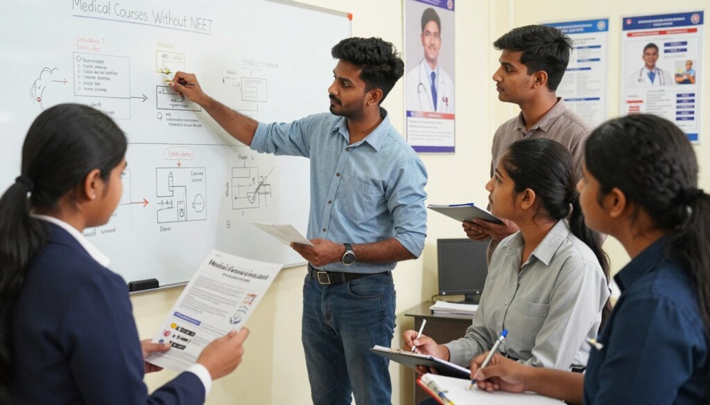 A bright, well-lit classroom setting featuring a diverse group of Indian students engaged in a serious yet focused discussion about medical entrance exams. In the foreground, a young woman in professional attire examines a brochure titled "Medical Courses Without NEET," with medical symbols subtly visible on the page. In the middle, a male student is pointing to a whiteboard filled with colorful diagrams detailing various entrance exams, while another student takes notes on a notepad. In the background, educational posters related to medical careers and study materials create an informative atmosphere. The lighting is soft yet illuminating, creating a warm and encouraging mood that emphasizes the importance of education and career guidance. The scene captures a sense of determination and ambition among the students as they explore their future in medicine, conveying a professional and educational ambiance. A bright, well-lit classroom setting featuring a diverse group of Indian students engaged in a serious yet focused discussion about medical entrance exams. In the foreground, a young woman in professional attire examines a brochure titled "Medical Courses Without NEET," with medical symbols subtly visible on the page. In the middle, a male student is pointing to a whiteboard filled with colorful diagrams detailing various entrance exams, while another student takes notes on a notepad. In the background, educational posters related to medical careers and study materials create an informative atmosphere. The lighting is soft yet illuminating, creating a warm and encouraging mood that emphasizes the importance of education and career guidance. The scene captures a sense of determination and ambition among the students as they explore their future in medicine, conveying a professional and educational ambiance.
