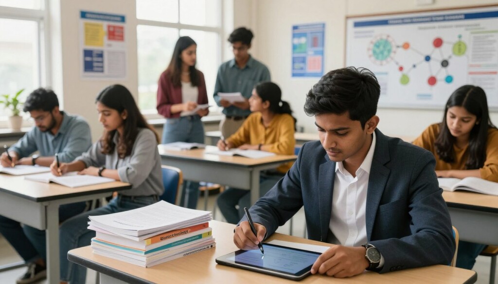 A bustling study environment in a modern Indian educational context, showcasing a diverse group of students engaged in preparation for biotechnology entrance exams. In the foreground, a focused male student with short hair, wearing professional business attire, studies with a stack of textbooks labeled 'Biotechnology', while jotting notes on a digital tablet. The middle-ground features a diverse group of female and male students in modest casual clothing discussing study strategies, surrounded by scientific posters and a large wall chart with biological diagrams. The background depicts a bright and well-lit classroom with large windows, emphasizing a sense of ambition and determination. The atmosphere is inspiring and educational, with natural light illuminating the room, highlighting the importance of these entrance exams in shaping their futures.