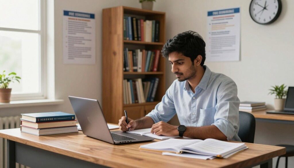 A cozy, well-lit study room featuring an Indian student sitting at a modern wooden desk, surrounded by books and study materials on MBA entrance exams. The student, dressed in professional casual attire, is focused on a laptop, taking notes from a study guide. Educational posters can be seen on the walls, showcasing tips and strategies for exam preparation. In the background, a bookshelf filled with business and management literature emphasizes the academic atmosphere. Soft, natural lighting coming through a window creates a warm and inviting mood, while a digital clock on the wall shows time management. The overall vibe is one of dedication and organization, capturing the essence of effective exam preparation amidst a busy schedule. A cozy, well-lit study room featuring an Indian student sitting at a modern wooden desk, surrounded by books and study materials on MBA entrance exams. The student, dressed in professional casual attire, is focused on a laptop, taking notes from a study guide. Educational posters can be seen on the walls, showcasing tips and strategies for exam preparation. In the background, a bookshelf filled with business and management literature emphasizes the academic atmosphere. Soft, natural lighting coming through a window creates a warm and inviting mood, while a digital clock on the wall shows time management. The overall vibe is one of dedication and organization, capturing the essence of effective exam preparation amidst a busy schedule.