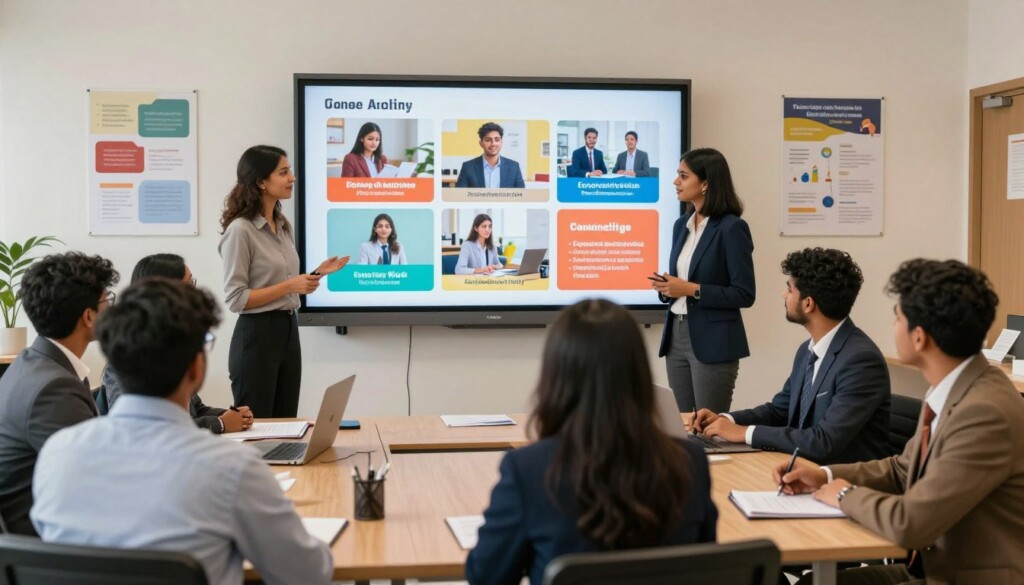 A diverse group of Indian students, dressed in professional business attire, are engaged in a lively career counseling session. In the foreground, a knowledgeable counselor demonstrates various career paths in the humanities, showcasing visuals of public speaking, social work, education, and research. The middle ground features a large, interactive board with vibrant images representing these career options, like students working in classrooms, counseling offices, and cultural institutions. The background includes a modern classroom setting with educational posters on the walls, promoting a clean and motivational atmosphere. Soft, warm lighting illuminates the space, creating an inviting mood that encourages curiosity and exploration of diverse opportunities. The image conveys a sense of professionalism, education, and vibrant engagement in the humanities field. A diverse group of Indian students, dressed in professional business attire, are engaged in a lively career counseling session. In the foreground, a knowledgeable counselor demonstrates various career paths in the humanities, showcasing visuals of public speaking, social work, education, and research. The middle ground features a large, interactive board with vibrant images representing these career options, like students working in classrooms, counseling offices, and cultural institutions. The background includes a modern classroom setting with educational posters on the walls, promoting a clean and motivational atmosphere. Soft, warm lighting illuminates the space, creating an inviting mood that encourages curiosity and exploration of diverse opportunities. The image conveys a sense of professionalism, education, and vibrant engagement in the humanities field.