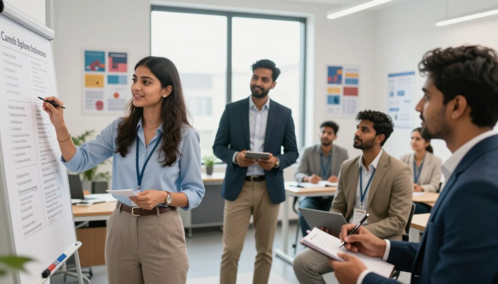 A diverse group of Indian students in professional attire engaged in a dynamic career counseling session, highlighting various career paths for diploma holders. In the foreground, a confident young woman gestures towards a chart showcasing different job roles, while a young man takes notes, captivated. In the middle ground, a diverse mentor, dressed in smart business casual, explains opportunities in fields like engineering, design, healthcare, and IT. The background features a bright, modern office environment with motivational posters on the walls and a large window allowing natural light to flood the space, creating a warm and inspiring atmosphere. The mood is optimistic and professional, emphasizing growth and potential. A diverse group of Indian students in professional attire engaged in a dynamic career counseling session, highlighting various career paths for diploma holders. In the foreground, a confident young woman gestures towards a chart showcasing different job roles, while a young man takes notes, captivated. In the middle ground, a diverse mentor, dressed in smart business casual, explains opportunities in fields like engineering, design, healthcare, and IT. The background features a bright, modern office environment with motivational posters on the walls and a large window allowing natural light to flood the space, creating a warm and inspiring atmosphere. The mood is optimistic and professional, emphasizing growth and potential.
