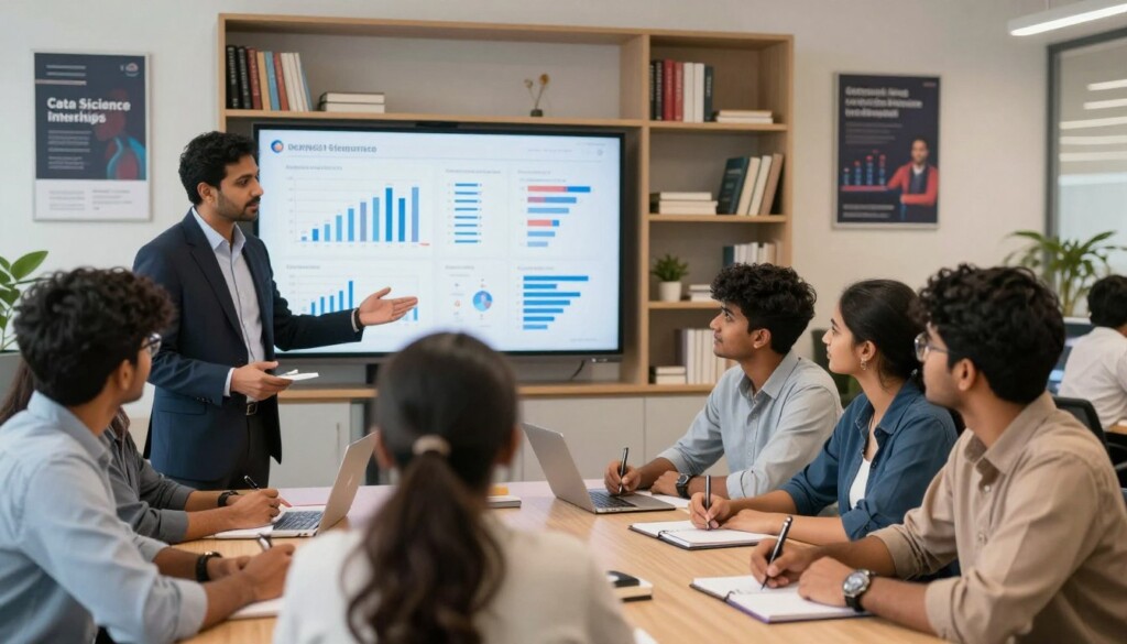 A dynamic and engaging scene depicting a group of Indian university students gathered in a modern office space for a career counseling session focused on data science internships. In the foreground, a mentor in professional business attire is guiding a diverse group of students, who are dressed in smart casual clothing, attentively taking notes and discussing their aspirations. The middle layer features a large screen displaying data visualizations and charts, emphasizing the practical aspects of data science. The background includes shelves filled with books on data science and statistics, alongside inspirational posters about career growth. The lighting is bright and inviting, with a soft-focus effect on the background to create a warm and professional atmosphere, capturing the hopeful and ambitious spirit of securing internships in the tech industry. A dynamic and engaging scene depicting a group of Indian university students gathered in a modern office space for a career counseling session focused on data science internships. In the foreground, a mentor in professional business attire is guiding a diverse group of students, who are dressed in smart casual clothing, attentively taking notes and discussing their aspirations. The middle layer features a large screen displaying data visualizations and charts, emphasizing the practical aspects of data science. The background includes shelves filled with books on data science and statistics, alongside inspirational posters about career growth. The lighting is bright and inviting, with a soft-focus effect on the background to create a warm and professional atmosphere, capturing the hopeful and ambitious spirit of securing internships in the tech industry.