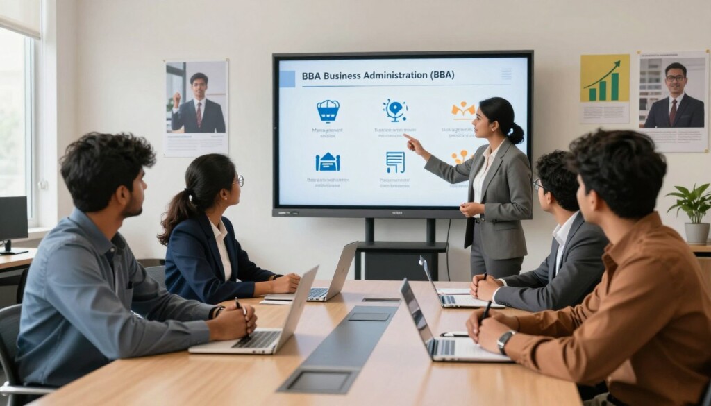 A dynamic scene depicting Indian students in a modern career counseling session focused on Bachelor's in Business Administration (BBA). In the foreground, a diverse group of three students dressed in professional attire sits around a sleek conference table, engaging with a career counselor gesturing toward a digital presentation. The middle ground features a large screen displaying key BBA career opportunities, such as management and entrepreneurship icons. The background reveals a bright, airy office space with motivational posters related to business success and growth, bathed in warm, natural light. The atmosphere is focused and inspiring, highlighting the excitement of educational and career pathways. Use a wide-angle lens to capture the depth of the space and maintain a clean, professional aesthetic throughout. A dynamic scene depicting Indian students in a modern career counseling session focused on Bachelor's in Business Administration (BBA). In the foreground, a diverse group of three students dressed in professional attire sits around a sleek conference table, engaging with a career counselor gesturing toward a digital presentation. The middle ground features a large screen displaying key BBA career opportunities, such as management and entrepreneurship icons. The background reveals a bright, airy office space with motivational posters related to business success and growth, bathed in warm, natural light. The atmosphere is focused and inspiring, highlighting the excitement of educational and career pathways. Use a wide-angle lens to capture the depth of the space and maintain a clean, professional aesthetic throughout.