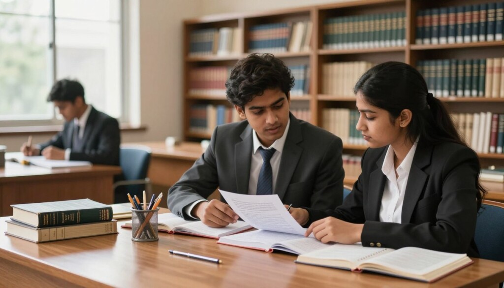 A focused study scene for "CLAT Examination Preparation" featuring Indian students in a well-lit library setting. In the foreground, two young adults, a male and a female, both dressed in professional business attire, are sitting at a large wooden table covered with law books, notebooks, and stationery. They are engaged in intense discussion, with one pointing at a page in a legal text while the other takes notes. In the middle ground, shelves filled with law literature and study materials enhance the academic atmosphere. The background showcases a large window with natural light streaming in, illuminating the scene and creating a warm, productive mood. The image captures the essence of ambition and diligence, fitting for aspiring law students. A focused study scene for "CLAT Examination Preparation" featuring Indian students in a well-lit library setting. In the foreground, two young adults, a male and a female, both dressed in professional business attire, are sitting at a large wooden table covered with law books, notebooks, and stationery. They are engaged in intense discussion, with one pointing at a page in a legal text while the other takes notes. In the middle ground, shelves filled with law literature and study materials enhance the academic atmosphere. The background showcases a large window with natural light streaming in, illuminating the scene and creating a warm, productive mood. The image captures the essence of ambition and diligence, fitting for aspiring law students.