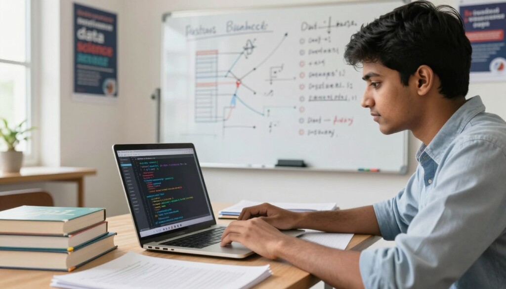 A focused workspace depicting a young Indian student surrounded by study materials for data science entrance examinations. In the foreground, a laptop displays complex data visualizations and coding frameworks. The student, dressed in smart casual attire, is deeply engaged in study, surrounded by books on statistics, machine learning, and algorithms. In the middle ground, a whiteboard covered in diagrams and calculations highlights key concepts in data science. The background features a bright educational setting with motivational posters on career paths in data science. Soft, natural lighting comes from a window, creating a warm and inspiring atmosphere, suggesting dedication and ambition in pursuing a data science career. The image captures a moment of academic focus and aspiration. A focused workspace depicting a young Indian student surrounded by study materials for data science entrance examinations. In the foreground, a laptop displays complex data visualizations and coding frameworks. The student, dressed in smart casual attire, is deeply engaged in study, surrounded by books on statistics, machine learning, and algorithms. In the middle ground, a whiteboard covered in diagrams and calculations highlights key concepts in data science. The background features a bright educational setting with motivational posters on career paths in data science. Soft, natural lighting comes from a window, creating a warm and inspiring atmosphere, suggesting dedication and ambition in pursuing a data science career. The image captures a moment of academic focus and aspiration.