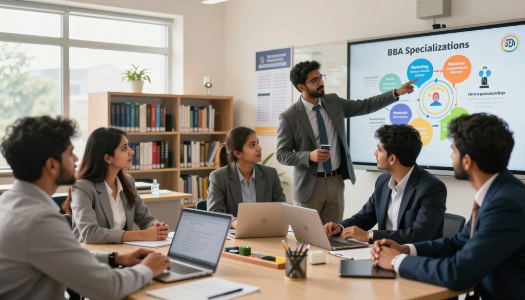 A modern educational setting showcasing BBA specialisations tailored for the Indian market. In the foreground, a diverse group of Indian students in professional business attire, engaged in a discussion about their career paths, with one student pointing towards a colorful infographic displaying various BBA specialisations such as Marketing, Finance, Human Resources, and Entrepreneurship. In the middle ground, a well-organized library filled with academic books and resources on BBA subjects, while visual elements like laptops and stationery suggest active learning. The background features a bright, airy classroom with motivational posters related to business education. Soft, natural lighting filters in through large windows, creating an inviting and encouraging atmosphere. The overall mood is one of aspiration and focus, embodying the journey of students finding their niche in the dynamic Indian market. A modern educational setting showcasing BBA specialisations tailored for the Indian market. In the foreground, a diverse group of Indian students in professional business attire, engaged in a discussion about their career paths, with one student pointing towards a colorful infographic displaying various BBA specialisations such as Marketing, Finance, Human Resources, and Entrepreneurship. In the middle ground, a well-organized library filled with academic books and resources on BBA subjects, while visual elements like laptops and stationery suggest active learning. The background features a bright, airy classroom with motivational posters related to business education. Soft, natural lighting filters in through large windows, creating an inviting and encouraging atmosphere. The overall mood is one of aspiration and focus, embodying the journey of students finding their niche in the dynamic Indian market.
