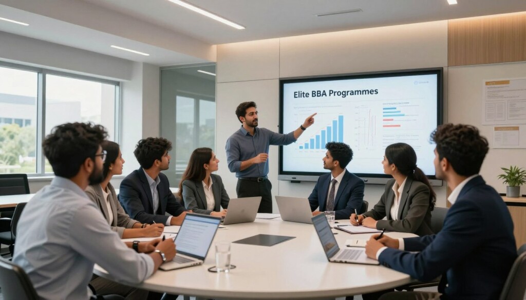 A modern, inspiring classroom environment within a premier business school setting. In the foreground, a diverse group of Indian students, dressed in professional business attire, engaged in a brainstorming session around a large table, exuding enthusiasm and focus. In the middle ground, a dynamic lecturer passionately gesturing at a digital presentation on an interactive whiteboard displaying "Elite BBA Programmes" with charts and graphs. The background features sleek, contemporary architecture of the business school, with large windows allowing natural light to flood in, creating an energizing atmosphere. Soft, warm lighting enhances the vibrant scene, making it feel both educational and inviting. The overall mood is one of ambition and forward-thinking, capturing the essence of premier business education. A modern, inspiring classroom environment within a premier business school setting. In the foreground, a diverse group of Indian students, dressed in professional business attire, engaged in a brainstorming session around a large table, exuding enthusiasm and focus. In the middle ground, a dynamic lecturer passionately gesturing at a digital presentation on an interactive whiteboard displaying "Elite BBA Programmes" with charts and graphs. The background features sleek, contemporary architecture of the business school, with large windows allowing natural light to flood in, creating an energizing atmosphere. Soft, warm lighting enhances the vibrant scene, making it feel both educational and inviting. The overall mood is one of ambition and forward-thinking, capturing the essence of premier business education.