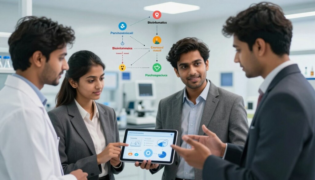A professional and educational illustration depicting various biotechnology career paths suitable for Indian students. In the foreground, a diverse group of three young professionals in business attire—two males and one female—are engaged in an animated discussion over a digital tablet displaying biotechnology concepts. The middle ground features visual representations of different career pathways, such as laboratory research, bioinformatics, and pharmaceutical development, subtly illustrated as flowing diagrams or icons. The background includes elements of a modern laboratory with advanced equipment, ensuring a clean and educational ambiance. Soft, natural lighting illuminates the scene, creating a warm and inviting atmosphere, while a slight blur effect suggests depth, focusing attention on the professional group and their discussions. A professional and educational illustration depicting various biotechnology career paths suitable for Indian students. In the foreground, a diverse group of three young professionals in business attire—two males and one female—are engaged in an animated discussion over a digital tablet displaying biotechnology concepts. The middle ground features visual representations of different career pathways, such as laboratory research, bioinformatics, and pharmaceutical development, subtly illustrated as flowing diagrams or icons. The background includes elements of a modern laboratory with advanced equipment, ensuring a clean and educational ambiance. Soft, natural lighting illuminates the scene, creating a warm and inviting atmosphere, while a slight blur effect suggests depth, focusing attention on the professional group and their discussions.