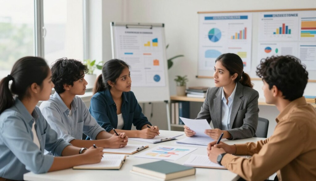 A professional and educational scene depicting Indian students engaged in career counseling focused on BBA (Bachelor of Business Administration). In the foreground, a diverse group of students, dressed in smart casual attire, are attentively discussing various career options with an experienced career counselor, who is seated at a modern desk filled with educational materials. The middle ground features educational charts and books related to business studies. In the background, a bright and inviting classroom environment with large windows allowing natural light to illuminate the space, creating a warm atmosphere. The overall mood should be inspiring and motivational, highlighting the importance of education and career planning in a professional setting. The image should be crisp, with a shallow depth of field to keep the focus on the students and counselor while softly blurring the background elements.