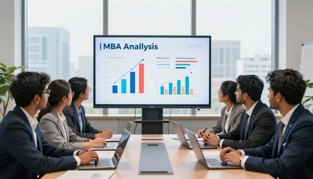 A professional business setting showcasing an MBA ROI analysis. In the foreground, a diverse group of Indian students dressed in smart business attire is engaged in a discussion around a modern conference table with laptops and financial documents spread out. In the middle, a large screen displays a colorful infographic illustrating ROI figures and charts related to MBA investments. The background features a bright, spacious office environment with large windows showing a cityscape. Soft, natural lighting streams in, creating an inviting atmosphere. The mood is focused and motivational, conveying the importance of education and investment in future careers. The image should be clear, professional, and visually engaging, ideal for an educational article. A professional business setting showcasing an MBA ROI analysis. In the foreground, a diverse group of Indian students dressed in smart business attire is engaged in a discussion around a modern conference table with laptops and financial documents spread out. In the middle, a large screen displays a colorful infographic illustrating ROI figures and charts related to MBA investments. The background features a bright, spacious office environment with large windows showing a cityscape. Soft, natural lighting streams in, creating an inviting atmosphere. The mood is focused and motivational, conveying the importance of education and investment in future careers. The image should be clear, professional, and visually engaging, ideal for an educational article.