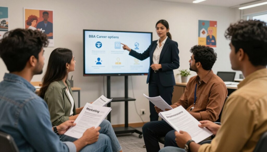 A professional career counseling scene featuring a diverse group of Indian students engaging in a discussion about BBA career options. In the foreground, show three students, two males and one female, dressed in smart casual attire, holding brochures about different career paths like marketing, finance, and entrepreneurship. In the middle ground, include a career counselor in formal business attire, pointing towards a digital screen displaying icons representing various job sectors such as IT, management, and consulting. The background should depict a modern office setting with motivational posters on the walls, soft lighting creating a warm and encouraging atmosphere. Utilize a wide-angle lens to capture the collaborative environment and evoke a sense of opportunity and professionalism. A professional career counseling scene featuring a diverse group of Indian students engaging in a discussion about BBA career options. In the foreground, show three students, two males and one female, dressed in smart casual attire, holding brochures about different career paths like marketing, finance, and entrepreneurship. In the middle ground, include a career counselor in formal business attire, pointing towards a digital screen displaying icons representing various job sectors such as IT, management, and consulting. The background should depict a modern office setting with motivational posters on the walls, soft lighting creating a warm and encouraging atmosphere. Utilize a wide-angle lens to capture the collaborative environment and evoke a sense of opportunity and professionalism.