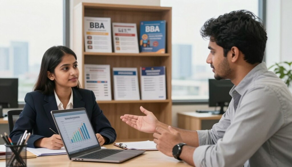 A professional career counseling scene set in an office environment designed for Indian students exploring BBA eligibility criteria. In the foreground, a young Indian woman in smart professional attire sits at a desk with an open laptop displaying a salary chart. She appears engaged while discussing options with a young Indian man dressed in business casual. The middle ground features a bookshelf filled with educational materials about BBA programs, including leaflets and brochures. In the background, a subtle view of a city skyline through a large window suggests a bright and optimistic atmosphere. The lighting is warm and inviting, enhancing a sense of professionalism and encouragement. The overall mood is focused and inspiring, perfect for an educational context on career guidance in business administration.