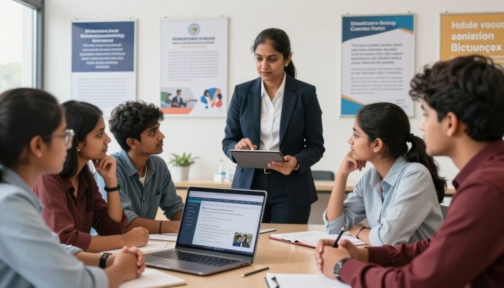 A professional career counseling session focused on biotechnology courses after 12th grade in India. In the foreground, a diverse group of Indian students, dressed in smart casual clothing, are engaged in discussion, looking at a laptop displaying biotechnology course information. In the middle ground, a career advisor, a middle-aged professional in business attire, points out information on a digital tablet. The background features a bright, modern educational environment with posters of famous Indian biotechnology colleges and inspiring quotes about science and careers. Soft, natural lighting illuminates the scene, creating an inviting and motivational atmosphere. The angle captures the students' expressions of curiosity and determination, highlighting the importance of education in their future career paths in biotechnology.