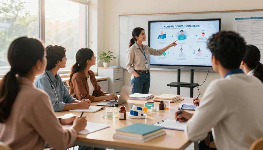 A professional education setting featuring Indian students in a career counseling session about nursing opportunities. In the foreground, a diverse group of young adults, dressed in smart casual attire, engage in discussion with a knowledgeable career counselor, who is pointing to a visually appealing infographic on a digital screen displaying various nursing career paths. In the middle ground, a bright, open classroom filled with educational materials related to nursing, like textbooks and medical instruments. The background shows a large window with sunlight streaming in, creating a warm and inviting atmosphere. The lighting is soft and natural, enhancing the optimistic mood, while the perspective captures the interaction and enthusiasm of students considering their career scope in nursing. A professional education setting featuring Indian students in a career counseling session about nursing opportunities. In the foreground, a diverse group of young adults, dressed in smart casual attire, engage in discussion with a knowledgeable career counselor, who is pointing to a visually appealing infographic on a digital screen displaying various nursing career paths. In the middle ground, a bright, open classroom filled with educational materials related to nursing, like textbooks and medical instruments. The background shows a large window with sunlight streaming in, creating a warm and inviting atmosphere. The lighting is soft and natural, enhancing the optimistic mood, while the perspective captures the interaction and enthusiasm of students considering their career scope in nursing.