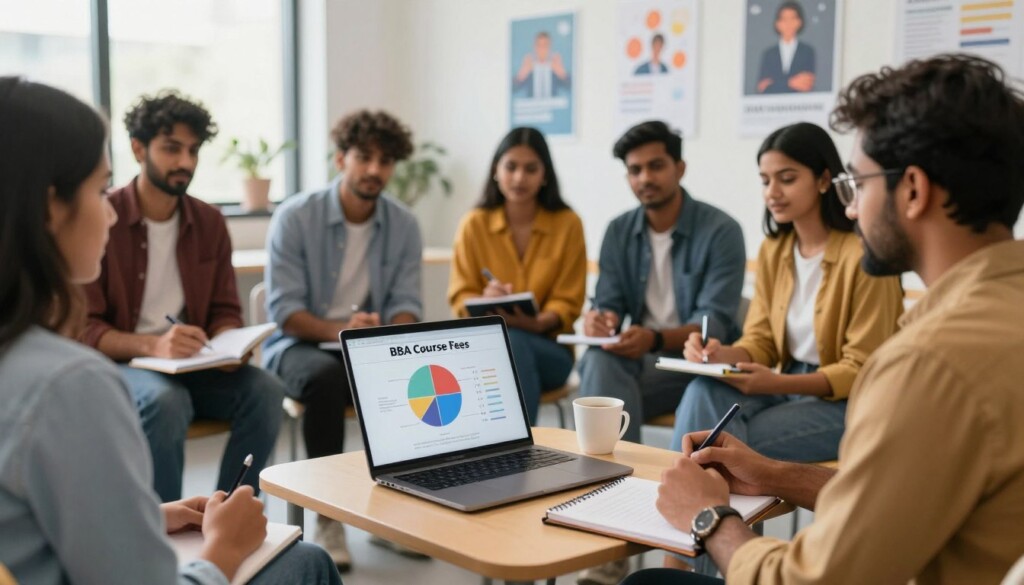 A professional setting depicting a group of diverse Indian students engaged in a career counseling session focused on BBA course fees. In the foreground, showcase a small table with a laptop displaying a pie chart and a notepad with details on BBA colleges and course fees structure. In the middle ground, students of varying backgrounds, wearing smart casual clothing, are discussing and taking notes. The background features a bright, modern classroom with motivational posters about education. Soft, natural lighting illuminates the scene, giving a warm and inviting atmosphere. Use a wide-angle lens to capture the interaction, emphasizing collaboration and excitement about educational opportunities. A professional setting depicting a group of diverse Indian students engaged in a career counseling session focused on BBA course fees. In the foreground, showcase a small table with a laptop displaying a pie chart and a notepad with details on BBA colleges and course fees structure. In the middle ground, students of varying backgrounds, wearing smart casual clothing, are discussing and taking notes. The background features a bright, modern classroom with motivational posters about education. Soft, natural lighting illuminates the scene, giving a warm and inviting atmosphere. Use a wide-angle lens to capture the interaction, emphasizing collaboration and excitement about educational opportunities.
