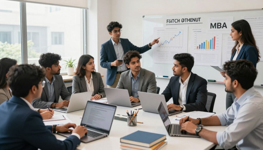 A vibrant and dynamic classroom setting focused on one-year MBA programmes in India. In the foreground, a diverse group of Indian students, both male and female, dressed in professional business attire, actively engage in a discussion around a table filled with laptops, books, and career materials. The middle ground features a whiteboard filled with charts and graphs illustrating the fast-track nature of an MBA. In the background, large windows let in natural light, illuminating the room and giving a sense of an urban campus environment. The mood is energetic and collaborative, highlighting ambition and professional development. The angle captures the students from a slightly elevated perspective, emphasizing the action and engagement in their learning experience.
