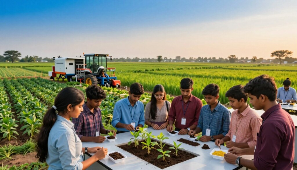 A vibrant and educational scene illustrating "Agriculture and Environmental Sciences Programmes." In the foreground, a diverse group of Indian students in smart casual attire attentively discusses plants and soil samples on a modern laboratory table, showcasing teamwork and collaboration. The middle ground features lush green fields with a mix of crops, emphasizing sustainable practices, alongside advanced agricultural equipment. In the background, a clear blue sky transitions into a gentle sunset, casting warm golden light over the landscape. The setting conveys a professional and inspiring atmosphere, highlighting the importance of environmental conservation in agriculture. The composition should be shot from a slightly elevated angle to capture both the students’ engagement and the beautiful agricultural scenery around them, creating a sense of hope and opportunity in the field.
