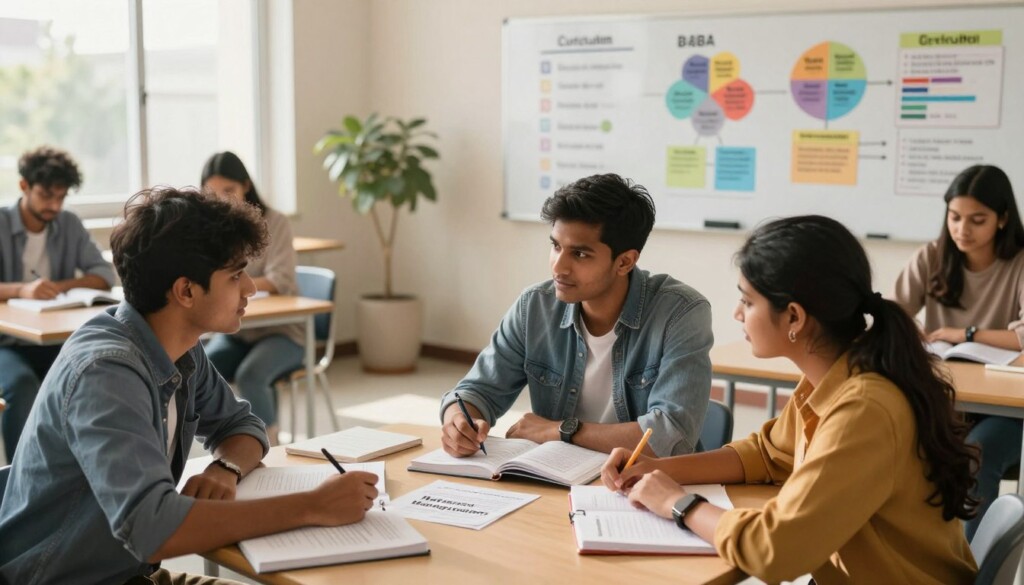 A vibrant and educational scene showcasing a diverse group of Indian students engaged in a collaborative study session focused on BBA subjects. In the foreground, two students, one male and one female, are intently discussing concepts, surrounded by textbooks and notebooks displaying titles like "Marketing Management," "Financial Accounting," and "Business Communication." The middle ground features a whiteboard filled with a curriculum outline and colorful charts depicting various BBA subjects. In the background, a well-lit classroom setting with modern furniture and a serene ambiance enhances the learning atmosphere. Soft, natural lighting streams through large windows, casting a warm glow. The mood is focused and professional, emphasizing an educational environment ready for discussion and discovery. A vibrant and educational scene showcasing a diverse group of Indian students engaged in a collaborative study session focused on BBA subjects. In the foreground, two students, one male and one female, are intently discussing concepts, surrounded by textbooks and notebooks displaying titles like "Marketing Management," "Financial Accounting," and "Business Communication." The middle ground features a whiteboard filled with a curriculum outline and colorful charts depicting various BBA subjects. In the background, a well-lit classroom setting with modern furniture and a serene ambiance enhances the learning atmosphere. Soft, natural lighting streams through large windows, casting a warm glow. The mood is focused and professional, emphasizing an educational environment ready for discussion and discovery.