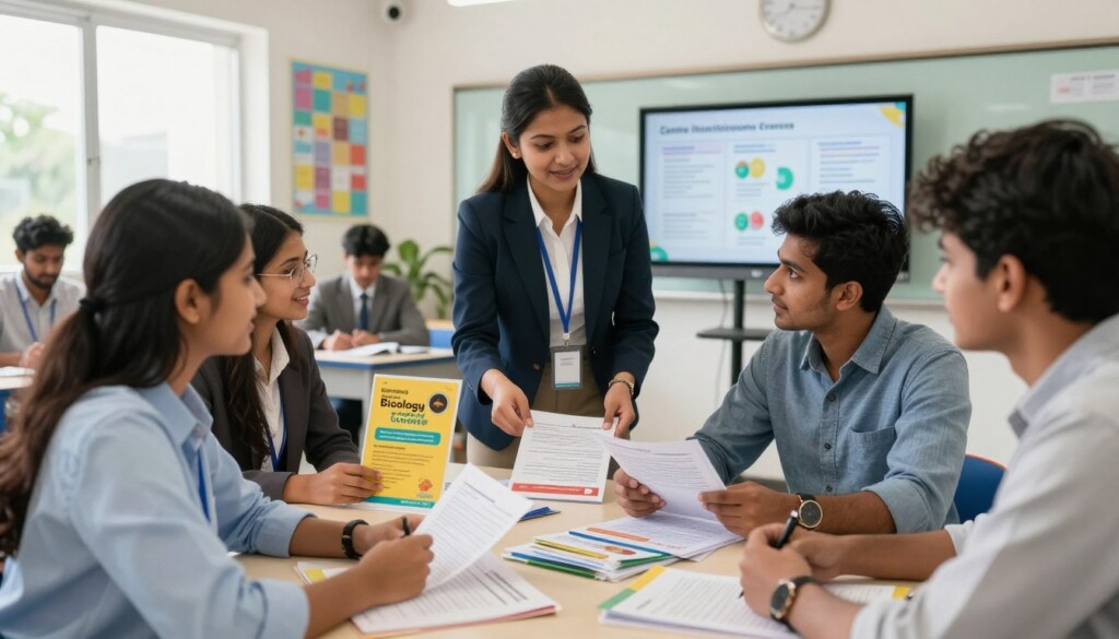 A vibrant and professional scene depicting a diverse group of Indian students engaged in discussion about biology courses in an educational setting. In the foreground, two motivated students, a young woman and a young man, are reviewing course materials on a table, both dressed in professional attire. In the middle, a career counselor is guiding them, surrounded by colorful brochures and a digital display showcasing various biology course options. The background features a bright and modern classroom with educational posters on the walls. Soft, natural lighting pours in through large windows, creating an inviting and inspiring atmosphere. The overall mood is one of enthusiasm and ambition, reflecting the journey of choosing the ideal biology course after completing secondary education.