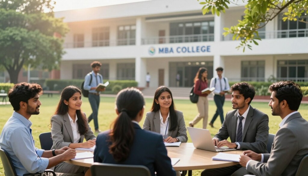 A vibrant campus setting of a prestigious MBA college in India, showcasing an impressive modern building with lush green surroundings. In the foreground, a group of diverse Indian students in professional business attire engages in a career counseling session, discussing goals and strategies. The middle ground features students walking between classes, carrying books and laptops, embodying a collaborative and ambitious spirit. In the background, the college's name is subtly highlighted on a banner, blending harmoniously with the environment. The lighting is warm and inviting, simulating a sunny day, with a slight lens flare to create an uplifting atmosphere. The overall mood is inspirational and focused on growth and professional development, reflecting the essence of choosing the right MBA college for career advancement. A vibrant campus setting of a prestigious MBA college in India, showcasing an impressive modern building with lush green surroundings. In the foreground, a group of diverse Indian students in professional business attire engages in a career counseling session, discussing goals and strategies. The middle ground features students walking between classes, carrying books and laptops, embodying a collaborative and ambitious spirit. In the background, the college's name is subtly highlighted on a banner, blending harmoniously with the environment. The lighting is warm and inviting, simulating a sunny day, with a slight lens flare to create an uplifting atmosphere. The overall mood is inspirational and focused on growth and professional development, reflecting the essence of choosing the right MBA college for career advancement.