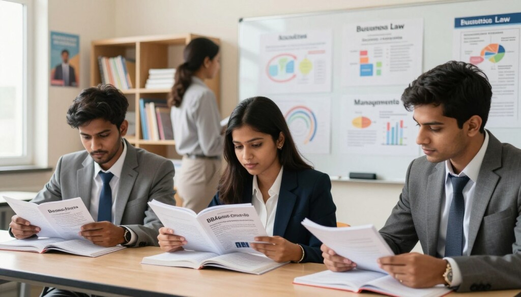 A vibrant classroom scene depicting Indian students engaged in a BBA curriculum setting. In the foreground, three diverse students—two males and one female—are deeply focused on studying textbooks about business administration, economics, and marketing, all dressed in professional business attire. In the middle ground, a whiteboard is covered with charts and diagrams illustrating various BBA subjects like Accounting, Business Law, and Management Principles. The background features shelves filled with educational resources and motivational posters promoting learning. Bright, natural lighting floods the room, creating an inspiring atmosphere. The angle should capture the collaborative spirit of a learning environment, emphasizing teamwork and knowledge sharing among the students. The overall mood is energetic and educational, ideal for an academic setting. A vibrant classroom scene depicting Indian students engaged in a BBA curriculum setting. In the foreground, three diverse students—two males and one female—are deeply focused on studying textbooks about business administration, economics, and marketing, all dressed in professional business attire. In the middle ground, a whiteboard is covered with charts and diagrams illustrating various BBA subjects like Accounting, Business Law, and Management Principles. The background features shelves filled with educational resources and motivational posters promoting learning. Bright, natural lighting floods the room, creating an inspiring atmosphere. The angle should capture the collaborative spirit of a learning environment, emphasizing teamwork and knowledge sharing among the students. The overall mood is energetic and educational, ideal for an academic setting.