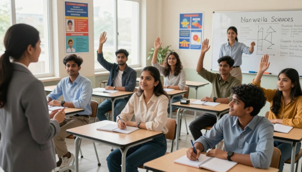 A vibrant classroom setting, focusing on a group of diverse Indian students engaged in a career counselling session. In the foreground, a knowledgeable instructor is discussing non-medical subjects like Mathematics, Physics, and Computer Science, with a whiteboard displaying diagrams. In the middle, students of various backgrounds, wearing professional business attire and modest casual clothing, are attentively taking notes and raising hands. The background features educational posters about future career paths and non-medical streams. Soft, natural lighting filters through large windows, creating a welcoming and focused atmosphere. The camera angle is slightly elevated, capturing the interaction and enthusiasm of the students, emphasizing the importance of making informed subject choices. A vibrant classroom setting, focusing on a group of diverse Indian students engaged in a career counselling session. In the foreground, a knowledgeable instructor is discussing non-medical subjects like Mathematics, Physics, and Computer Science, with a whiteboard displaying diagrams. In the middle, students of various backgrounds, wearing professional business attire and modest casual clothing, are attentively taking notes and raising hands. The background features educational posters about future career paths and non-medical streams. Soft, natural lighting filters through large windows, creating a welcoming and focused atmosphere. The camera angle is slightly elevated, capturing the interaction and enthusiasm of the students, emphasizing the importance of making informed subject choices.