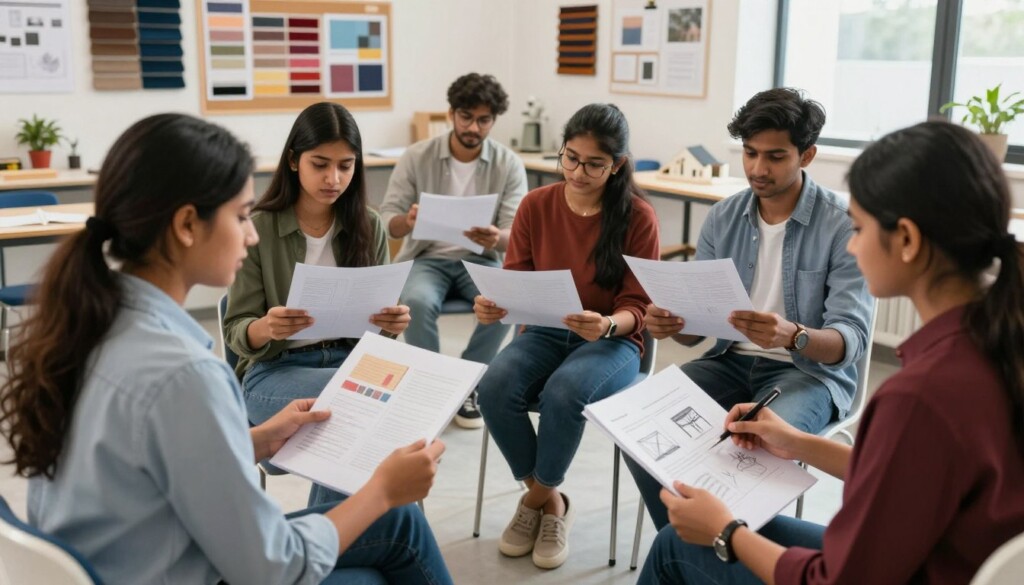 A vibrant, educational scene depicting a group of Indian students engaged in a career counseling session for entrance exams for interior design courses. In the foreground, two professional guidance counselors, one male and one female, are assisting the students, all dressed in smart casual attire. The middle ground features diverse young adults reviewing colorful portfolios and sketchbooks showcasing their design concepts. In the background, a bright classroom filled with design-related materials, including mood boards, fabric samples, and architectural models, creates an inspiring atmosphere. Soft, natural lighting floods the room, giving a sense of warmth and motivation. The overall mood is focused and encouraging, reflecting the seriousness of preparing for a creative career in interior design. A vibrant, educational scene depicting a group of Indian students engaged in a career counseling session for entrance exams for interior design courses. In the foreground, two professional guidance counselors, one male and one female, are assisting the students, all dressed in smart casual attire. The middle ground features diverse young adults reviewing colorful portfolios and sketchbooks showcasing their design concepts. In the background, a bright classroom filled with design-related materials, including mood boards, fabric samples, and architectural models, creates an inspiring atmosphere. Soft, natural lighting floods the room, giving a sense of warmth and motivation. The overall mood is focused and encouraging, reflecting the seriousness of preparing for a creative career in interior design.