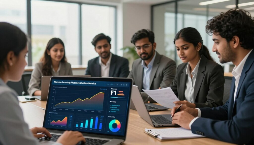 A visually engaging depiction of machine learning model evaluation metrics in a professional, educational setting. In the foreground, an elegantly designed digital dashboard displays key metrics like accuracy, precision, recall, and F1 score, represented through vibrant, interactive graphs and charts. The middle ground features a diverse group of Indian students, dressed in professional business attire, intently discussing these metrics with laptops open and notes in hand, showcasing a collaborative learning environment. The background includes a modern office space with large windows, letting in soft, natural light, creating a warm and inviting atmosphere. The overall mood is focused and inspiring, emphasizing the importance of mastering data science concepts for career advancement. A visually engaging depiction of machine learning model evaluation metrics in a professional, educational setting. In the foreground, an elegantly designed digital dashboard displays key metrics like accuracy, precision, recall, and F1 score, represented through vibrant, interactive graphs and charts. The middle ground features a diverse group of Indian students, dressed in professional business attire, intently discussing these metrics with laptops open and notes in hand, showcasing a collaborative learning environment. The background includes a modern office space with large windows, letting in soft, natural light, creating a warm and inviting atmosphere. The overall mood is focused and inspiring, emphasizing the importance of mastering data science concepts for career advancement.