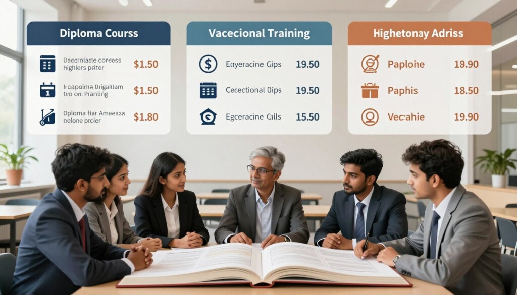 A visually engaging educational infographic depicting the comparison of diploma courses with other educational options. In the foreground, a diverse group of professional Indian students in business attire engaged in a discussion around a large open book, symbolizing various diplomas and career paths. In the middle ground, visual representations of diploma courses and alternative options like vocational training and higher secondary education are laid out in neat sections with icons representing fees and durations. The background features a modern classroom or career counseling center with soft, natural lighting highlighting an atmosphere of learning and decision-making. The overall mood is informative and inspiring, encouraging viewers to explore their educational choices thoughtfully. A visually engaging educational infographic depicting the comparison of diploma courses with other educational options. In the foreground, a diverse group of professional Indian students in business attire engaged in a discussion around a large open book, symbolizing various diplomas and career paths. In the middle ground, visual representations of diploma courses and alternative options like vocational training and higher secondary education are laid out in neat sections with icons representing fees and durations. The background features a modern classroom or career counseling center with soft, natural lighting highlighting an atmosphere of learning and decision-making. The overall mood is informative and inspiring, encouraging viewers to explore their educational choices thoughtfully.
