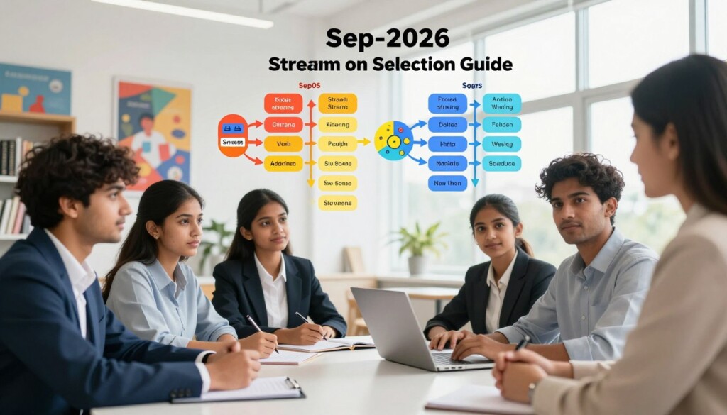 A visually engaging stream selection guide illustrating the step-by-step process of choosing the right stream and subjects for students in 2026. In the foreground, a diverse group of Indian students in professional business attire sits around a table, actively discussing their options with a career counselor. In the middle, colorful charts and diagrams are displayed, showing various academic streams and subject combinations, with clear visuals like arrows and icons for clarity. The background features a bright, modern educational environment with motivational posters and bookshelves, creating a vibrant and positive atmosphere. Soft, natural lighting pours in through large windows, evoking a sense of optimism and enthusiasm for future possibilities. The angle captures the collaborative energy of decision-making while maintaining a professional and clean aesthetic, emphasizing the importance of thoughtful choices in education.