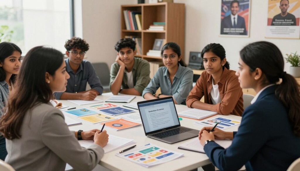 A warm, inviting career counselling session in a modern Indian educational setting. In the foreground, a professional career counsellor, dressed in business attire, engages with a group of diverse Indian students, all dressed in smart casual clothing. The students are attentively listening, showcasing a mix of curiosity and determination. In the middle ground, a large table is covered with educational materials, brochures about various career options, and a laptop displaying a presentation on subject combinations related to different career goals. In the background, shelves filled with books and motivational posters add an educational atmosphere. Soft, natural lighting filters through a window, creating a positive and inspiring mood. The scene captures the essence of guidance and professional development, emphasizing collaboration and growth.
