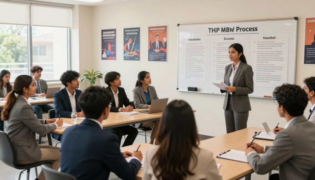A well-organized MBA admission process scene in an educational setting, focusing on Indian students in professional business attire engaged in various admission activities. In the foreground, a diverse group of students is participating in a career counseling session, interacting with advisors who provide guidance. The middle ground depicts a bulletin board displaying key steps of the admission process, such as entrance exams, application submissions, and interview preparations. In the background, a bright and modern classroom filled with motivational posters about success in education. The lighting is warm and inviting, with natural light filtering through large windows, creating an atmosphere of hope and ambition as students prepare for their future in business. The image captures a clean and professional educational environment, fostering a sense of collaboration and determination. A well-organized MBA admission process scene in an educational setting, focusing on Indian students in professional business attire engaged in various admission activities. In the foreground, a diverse group of students is participating in a career counseling session, interacting with advisors who provide guidance. The middle ground depicts a bulletin board displaying key steps of the admission process, such as entrance exams, application submissions, and interview preparations. In the background, a bright and modern classroom filled with motivational posters about success in education. The lighting is warm and inviting, with natural light filtering through large windows, creating an atmosphere of hope and ambition as students prepare for their future in business. The image captures a clean and professional educational environment, fostering a sense of collaboration and determination.